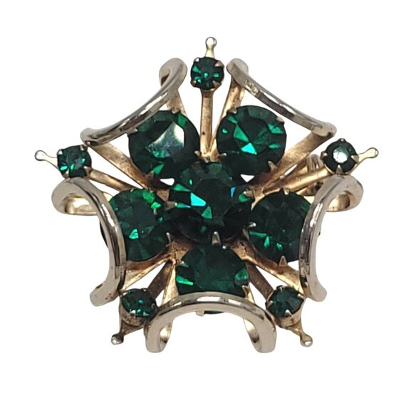 None Jewelry - Vintage Emerald Green Rhinestone Gold-Tone Brooch Pin Starburst MCM 1.25"